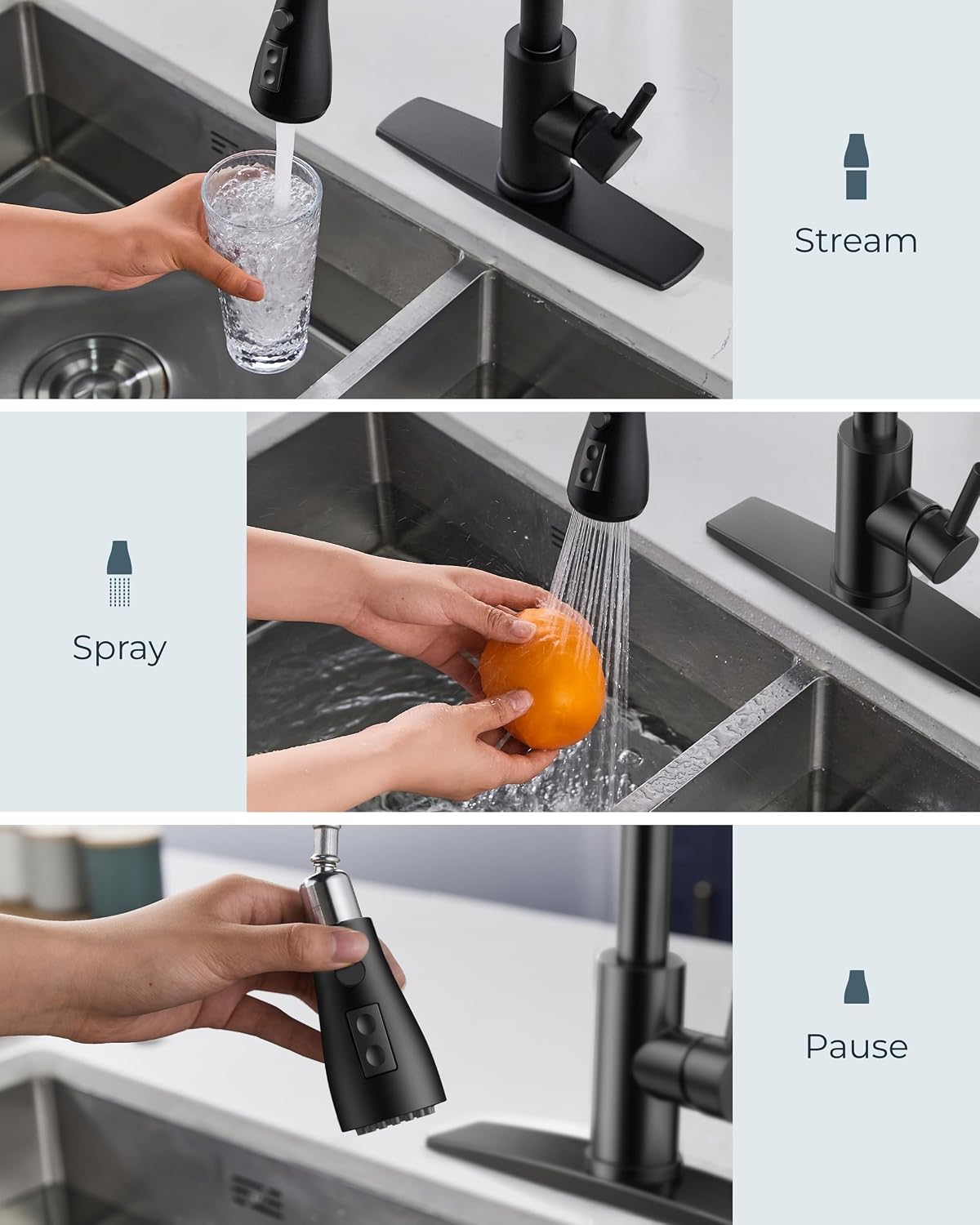 FORIOUS Black Kitchen Faucet, with Soap Dispenser and Pull Down Sprayer