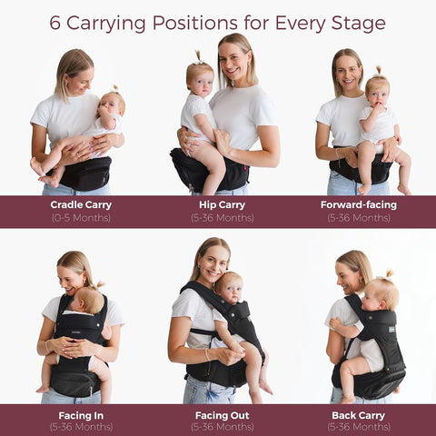 Momcozy Baby Carrier with Hip Seat, 2-in-1 Forward-Facing Carry for Long Walks, Detachable Hands-Free Infant Carrier 7-44lbs, All Seasons Toddler Carrier Fits Waist Sizes up to 45 Inches, Black