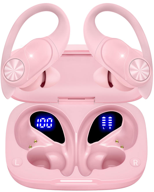 Bluetooth Headphones Wireless Earbuds 80hrs Playtime Wireless Charging Case Digital Display Sports Ear buds with Earhook Premium Deep Bass IPX7 Waterproof Over-Ear Earphones for TV Phone Laptop Pink