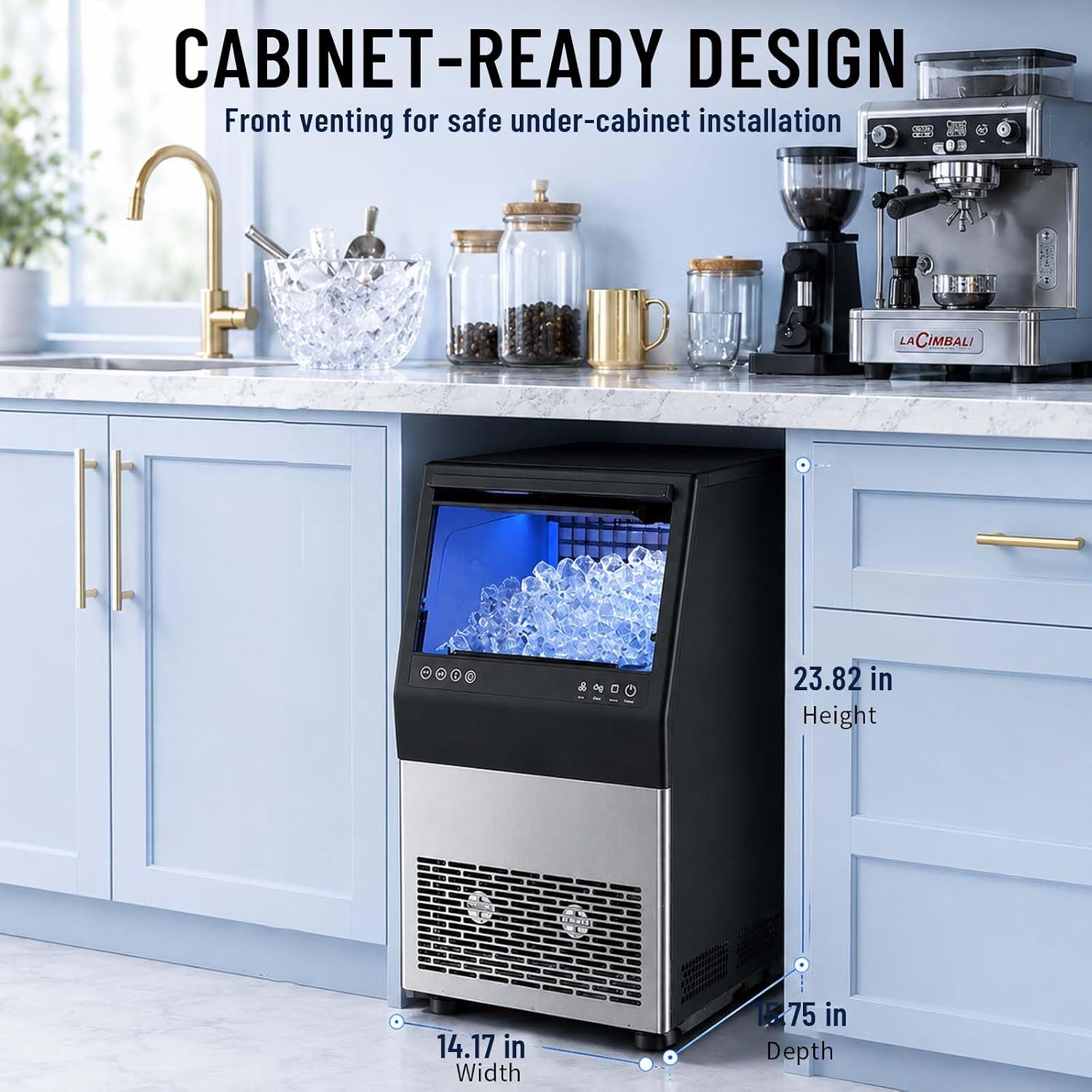 DESSIZ Commercial Ice Maker Machine, 90 lbs/24H Ice Production, 15-33 lbs Storage Bin, 45 Cubes per Cycle, Stainless Steel Under Counter & Freestanding Ice Maker with Self-Cleaning,for Bar/Restaurant