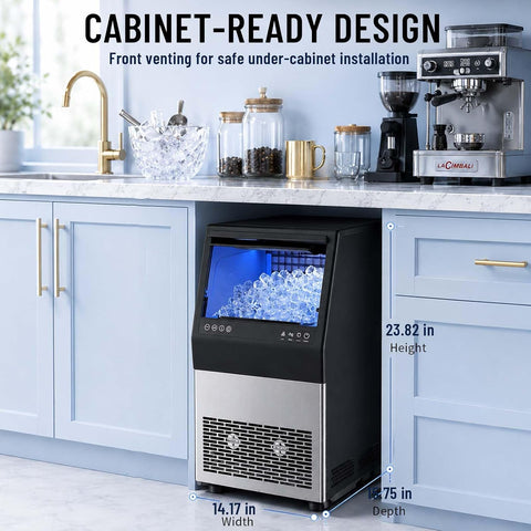 DESSIZ Commercial Ice Maker Machine, 90 lbs/24H Ice Production, 15-33 lbs Storage Bin, 45 Cubes per Cycle, Stainless Steel Under Counter & Freestanding Ice Maker with Self-Cleaning,for Bar/Restaurant
