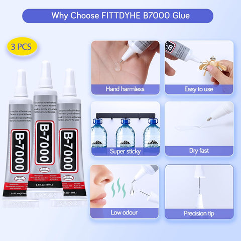 FITTDYHE 3PCS Jewelry Glue - 15ML/0.5fl oz Clear DIY Craft Glue for Rhinestones, Waterproof Strong Bond Adhesive for Phone Repair, Nail Art, Shoes, Fabric, Metal, Glass