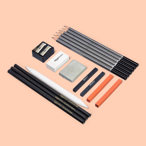 Amazon Basics Sketch and Drawing Art Supply Kit, 17-Piece, Charcoal and Pencil Set, Black, White