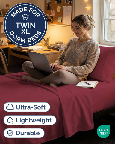 Twin XL 3 Piece Sheet Set - College Dorm Room Essentials - Burgundy
