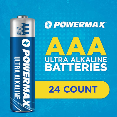 Powermax 24-Count Triple AAA Batteries, Ultra Long Lasting Alkaline Battery for Home and Office, 10-Year Shelf Life, Reclosable Packaging