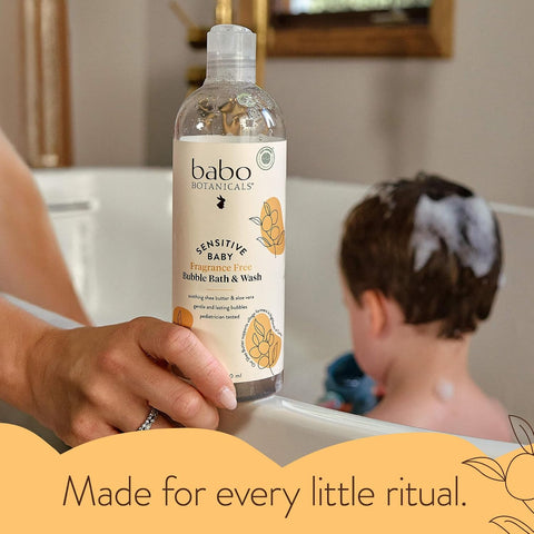 Babo Botanicals Sensitive Baby Fragrance-Free 2-in-1 Bubble Bath & Wash - Shea Butter, Calendula & Oat - Vegan - EWG Verified - For Babies & Kids