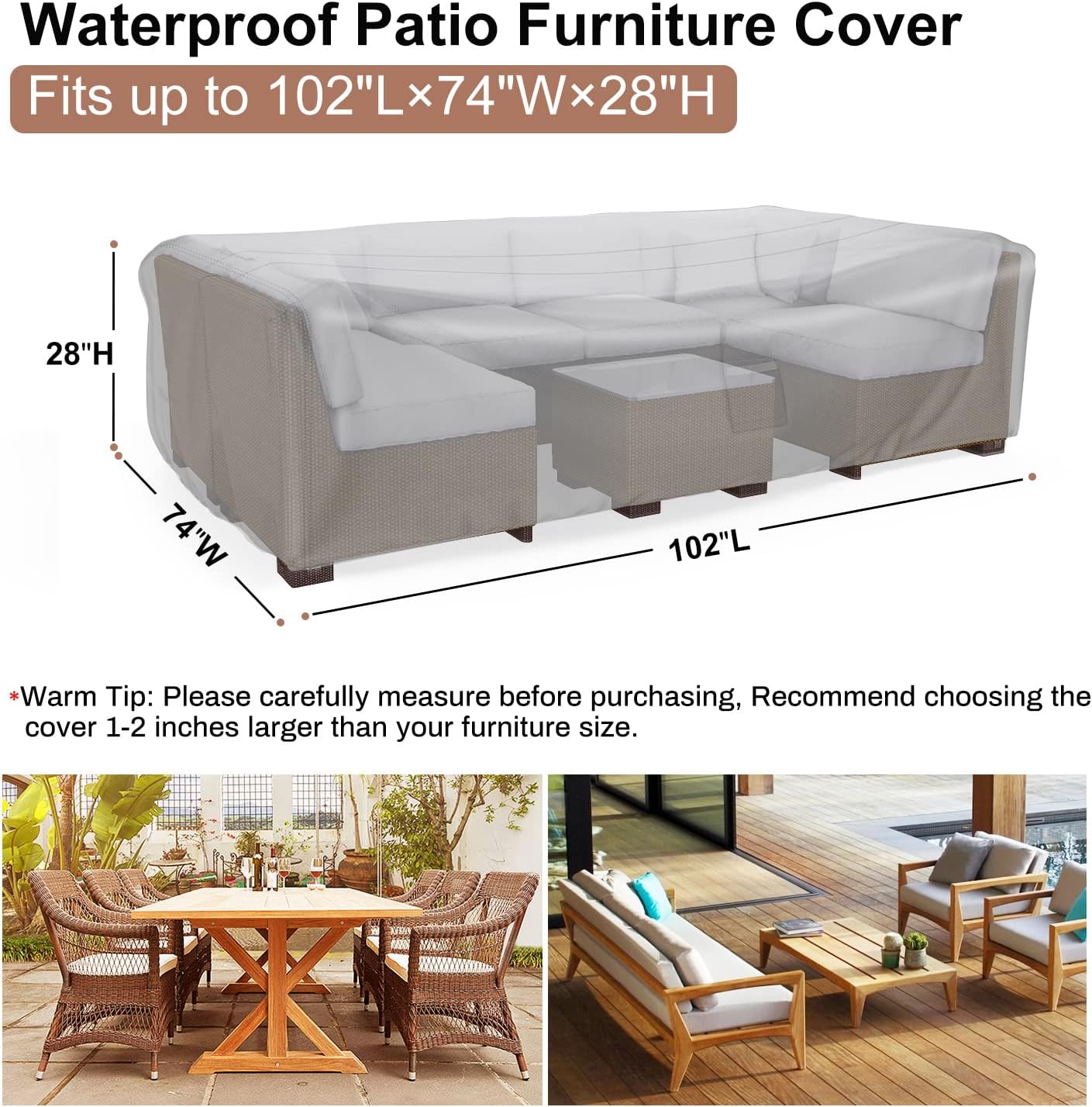 Mrrihand Outdoor Patio Furniture Covers Waterproof 102"Lx74"Wx28"H Black