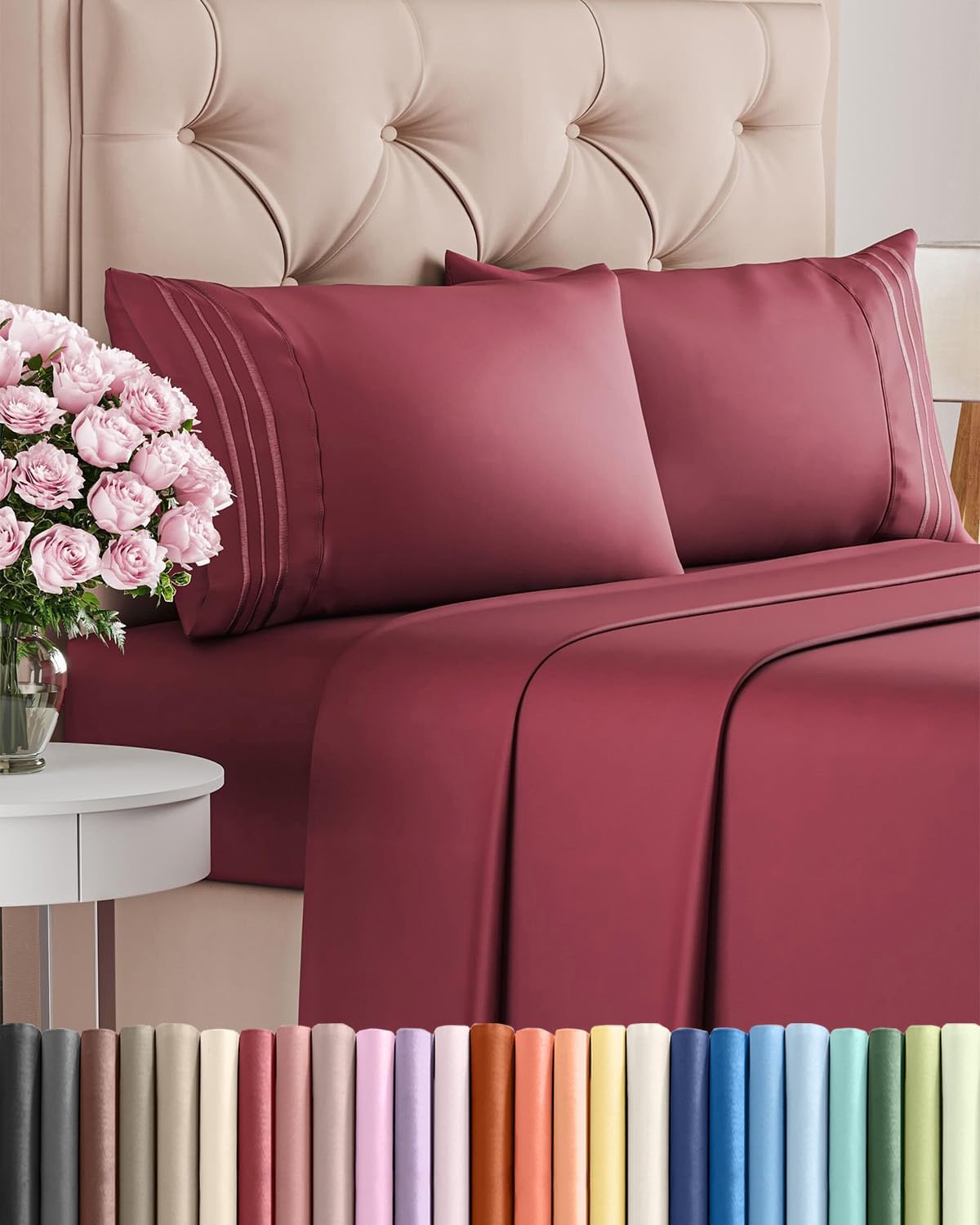 Queen Size 4 Piece Sheet Set - Comfy Breathable & Cooling Sheets - Burgundy