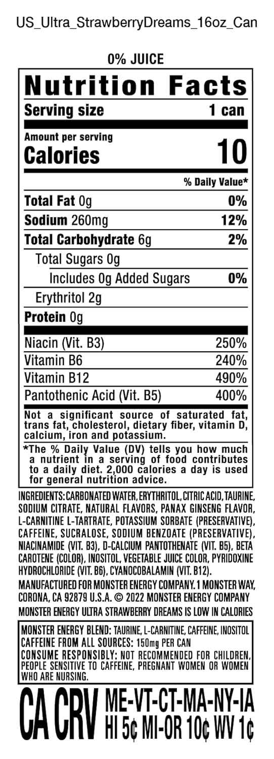 Monster Energy Ultra Strawberry Dreams, Sugar Free Energy Drink, 16 Ounce