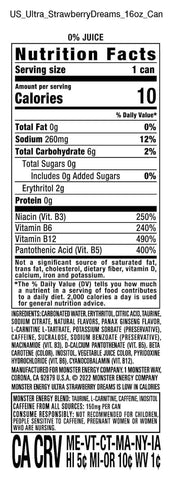 Monster Energy Ultra Strawberry Dreams, Sugar Free Energy Drink, 16 Ounce