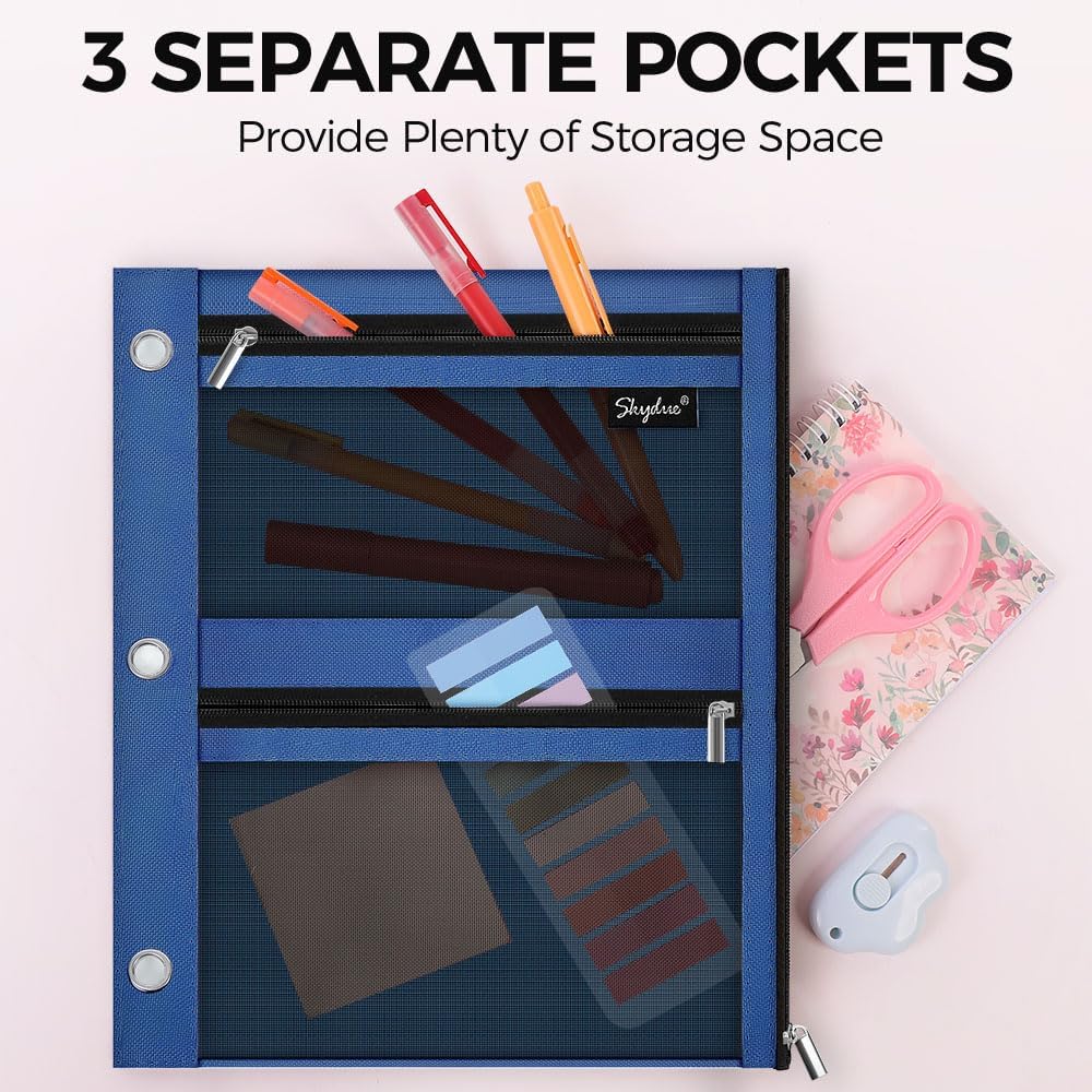 SKYDUE Pencil Pouch for 3 Ring Binder, 3 Pockets and Mesh Window