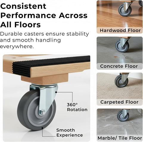 Furniture Dolly 4 Wheel Heavy Duty | Flat Moving Dolly H Frame Oak | Full Length Rubber Tread Dual Rail | 18x30