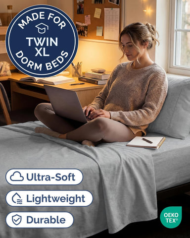 Twin XL 3 Piece Sheet Set - College Dorm Room Essentials - Heathered Grey