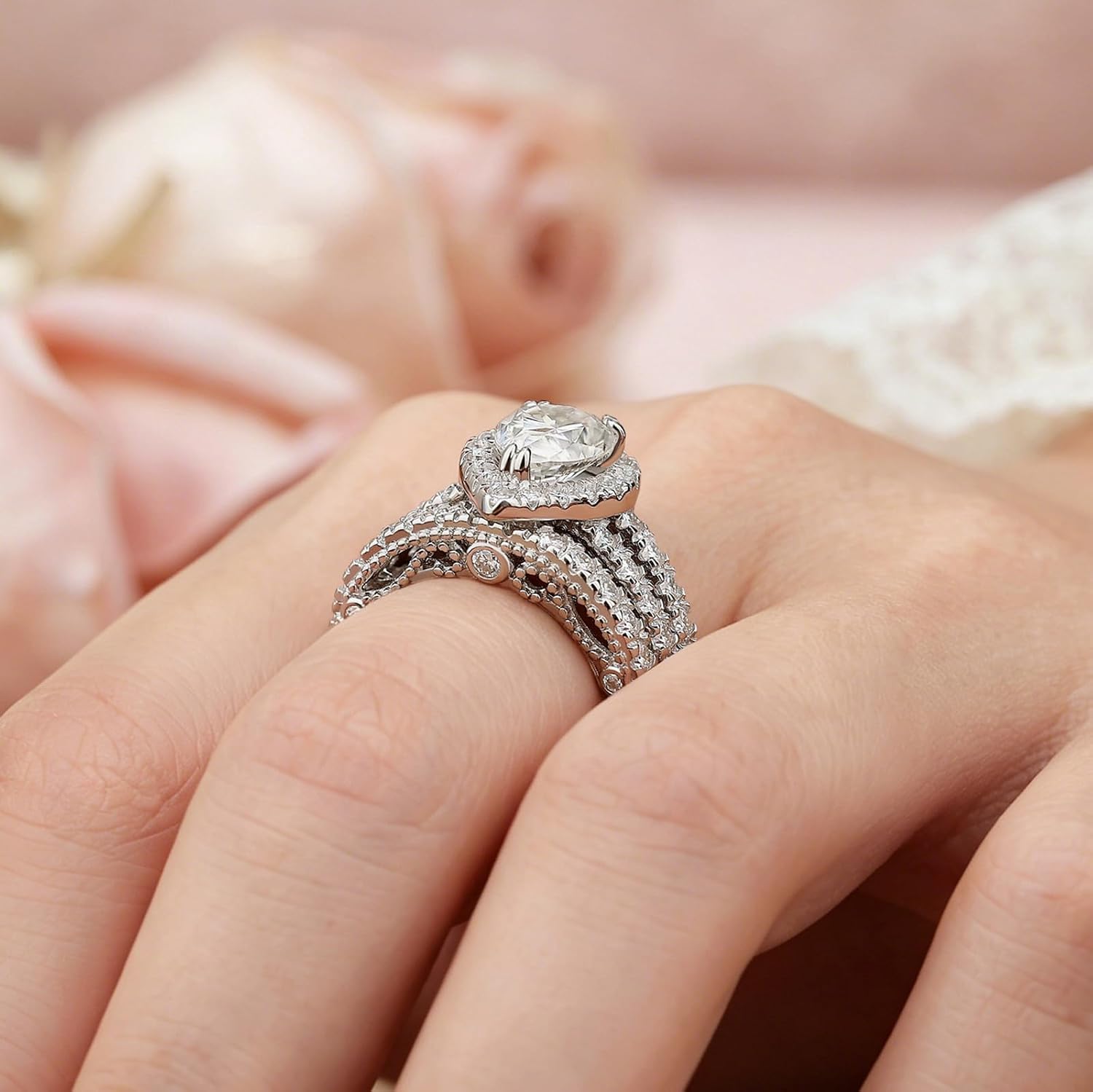 Wuziwen 4CT Sterling Silver Pear Shaped Wedding Ring Sets for Women