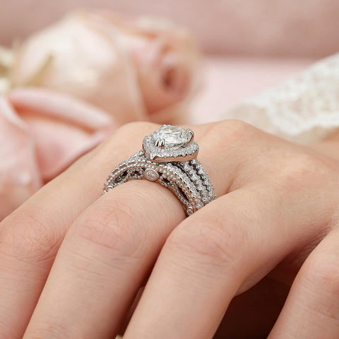 Wuziwen 4CT Sterling Silver Pear Shaped Wedding Ring Sets for Women