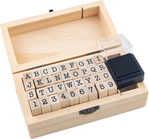 36 Pcs Small Wooden Rubber Stamps, Wooden Box Multipurpose Number Alphabet Letter Wood Rubber Stamp for Card Making, DIY Craft, Scrapbooking Supplie, etc