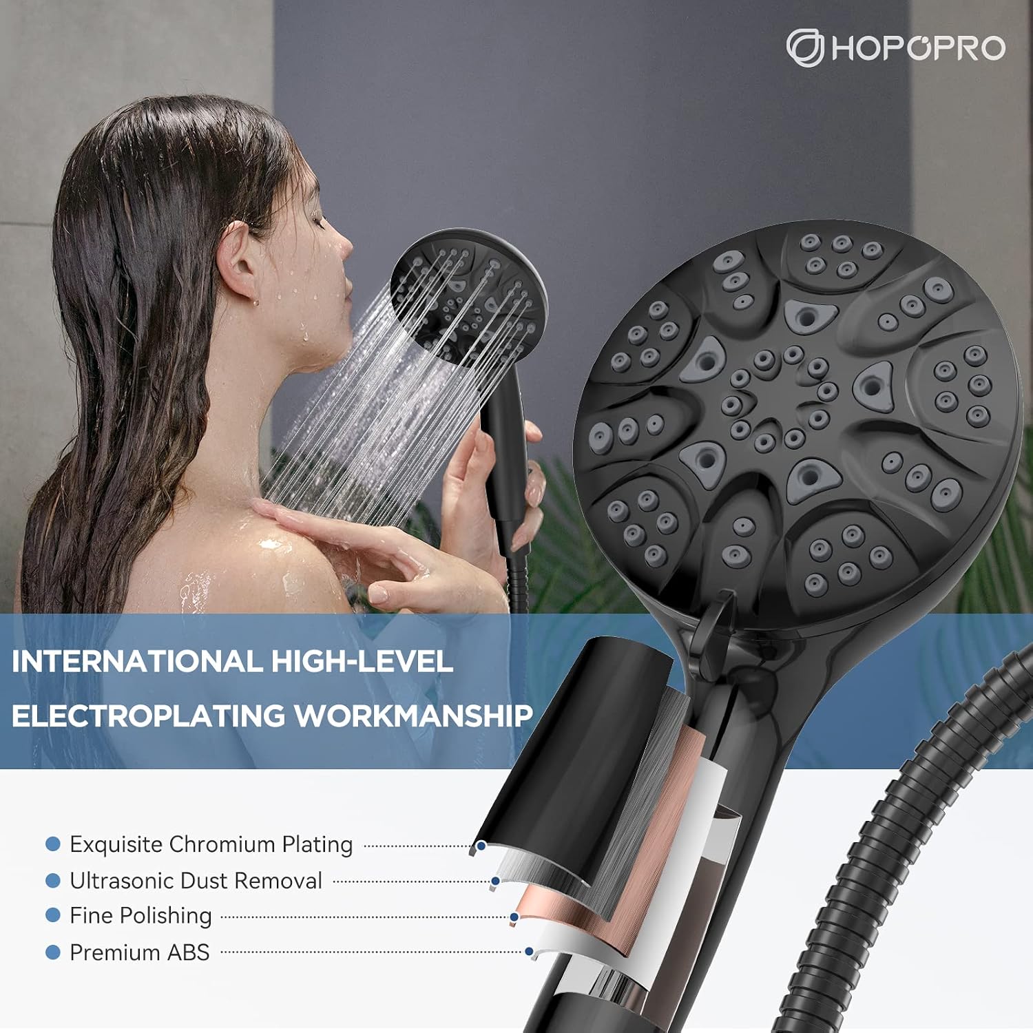 HOPOPRO 7-Mode High Pressure Hand Shower Head with Power Wash, Matte Black