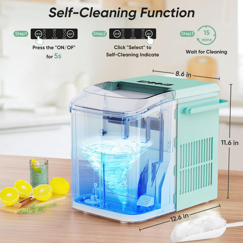 Sweetcrispy Countertop Ice Maker Machine Self-Cleaning, Fast Making 9 Ice Cubes in 6 Minutes, 26.5lbs/24Hrs, 2 Sizes Bullet Ice, Portable Ice Machine with Ice Scoop, Basket and Handle, Green