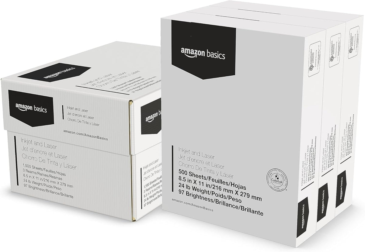 Amazon Basics Multipurpose Copy Printer Paper, 8.5 x 11 Inches, 24 lb Weight, 97 Bright White, 1500 Sheets (3 Packs of 500), for Inkjet and Laser