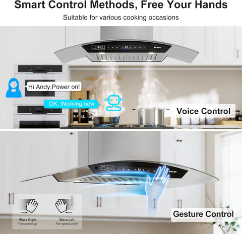 BRANO Island Range Hood 36 Inch 900 CFM, Voice & Gesture & Touch Control