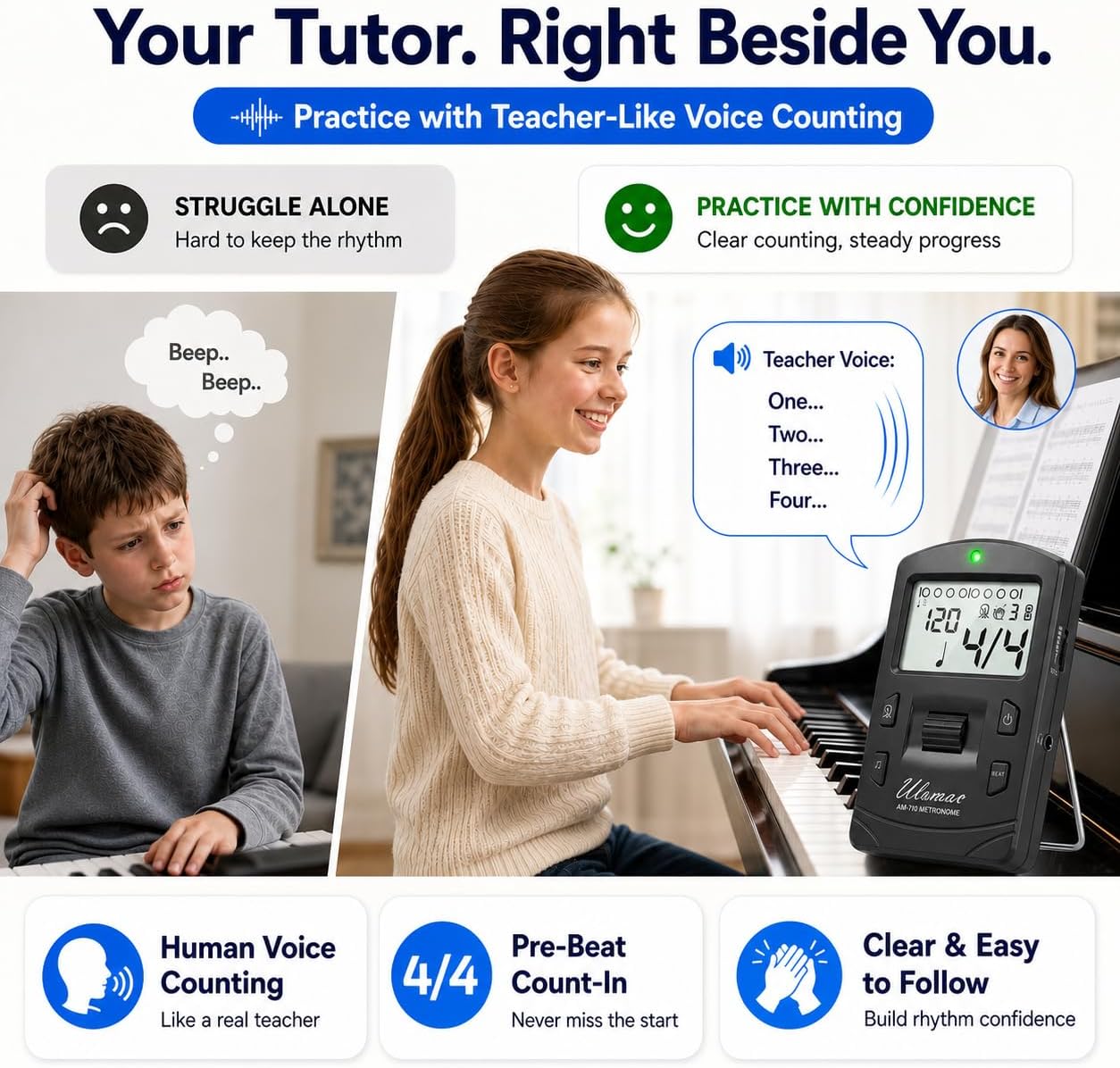 AM-709 Rechargeable Digital Metronome with Vocal Counting for Piano, Guitar, Drum, Violin and All Instruments