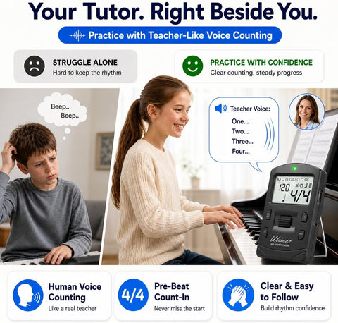 AM-709 Rechargeable Digital Metronome with Vocal Counting for Piano, Guitar, Drum, Violin and All Instruments