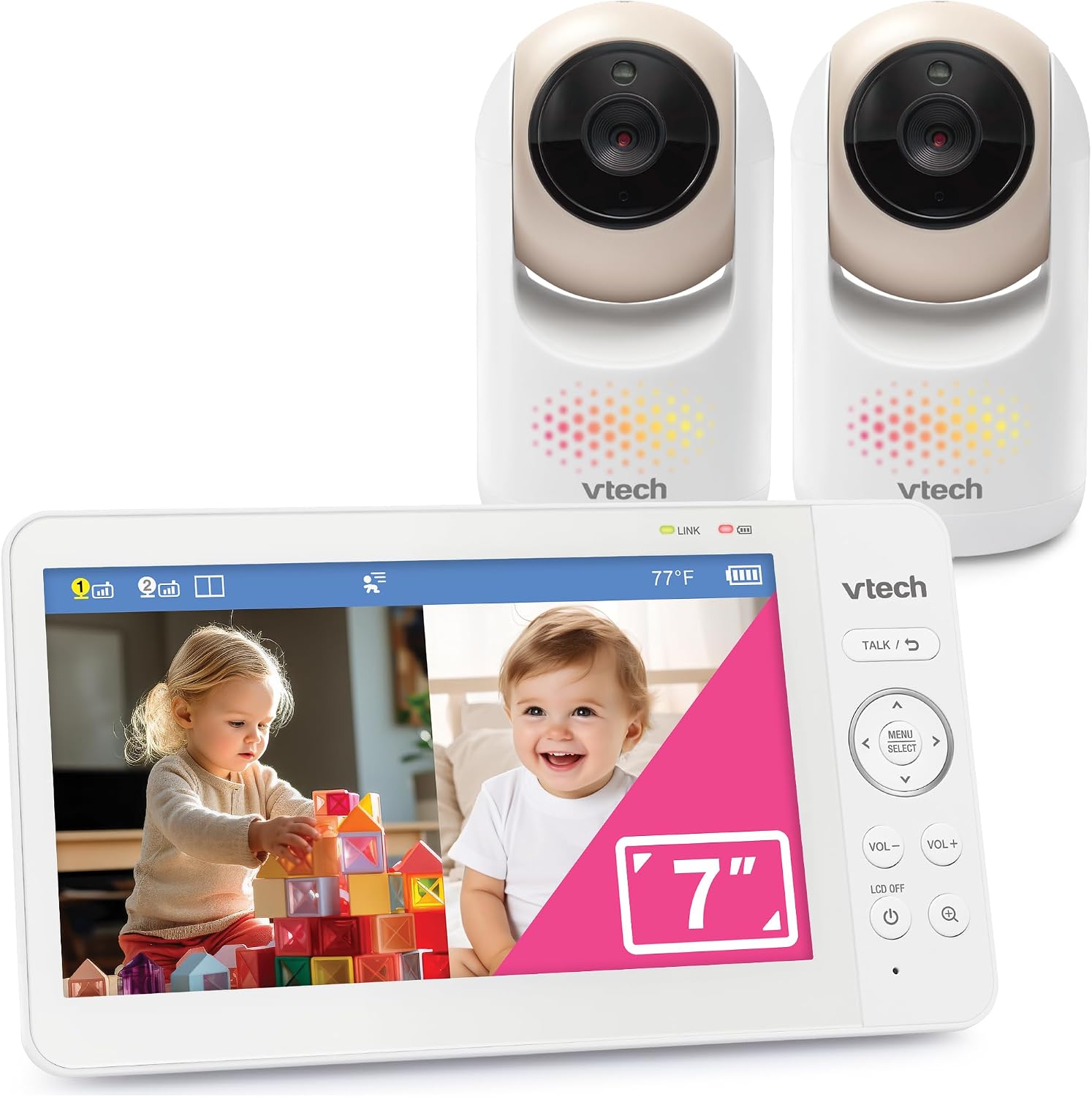 VTech Baby Monitor No WiFi, 2 Cameras, 7" Split IPS Screen, 5000mAh 12Hr Battery, 360° Pan Tilt Zoom, Night Vision, Night Light | Advanced Max Twin Tan