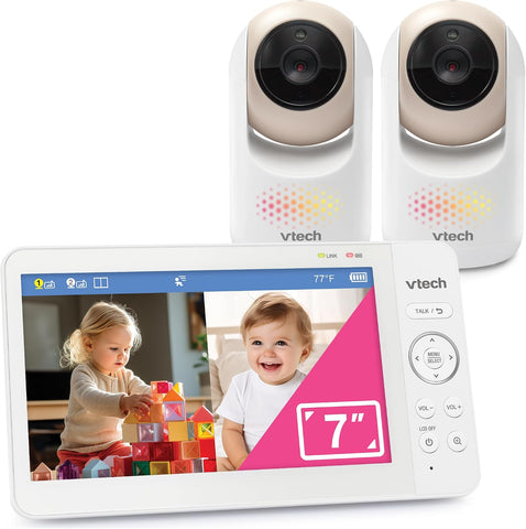 VTech Baby Monitor No WiFi, 2 Cameras, 7" Split IPS Screen, 5000mAh 12Hr Battery, 360° Pan Tilt Zoom, Night Vision, Night Light | Advanced Max Twin Tan