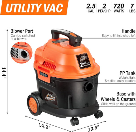 Armor All AA255W 2.5 Gal 2 Peak HP Wet/Dry Utility Vac Orange/Black