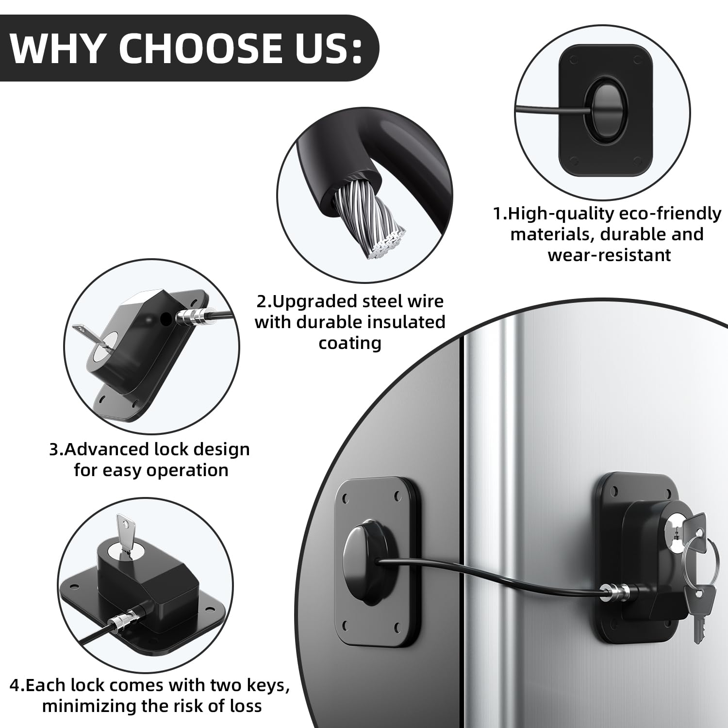 RORMGO Refrigerator Lock 2 Packs, Fridge Lock with Silicone Wire Protection Fridge Locks for Kids Easy to Use and Install Cabinet Locks with Key, Black