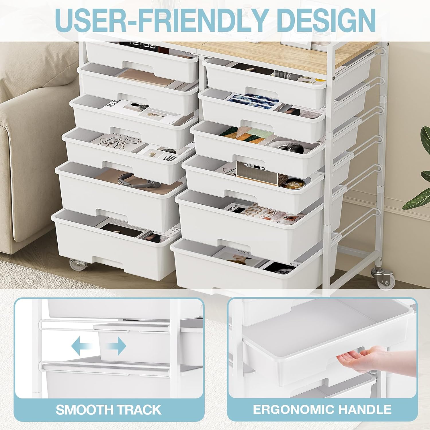 TOOLF 12 Drawers Rolling Storage Cart with Wooden Top for Classroom,White