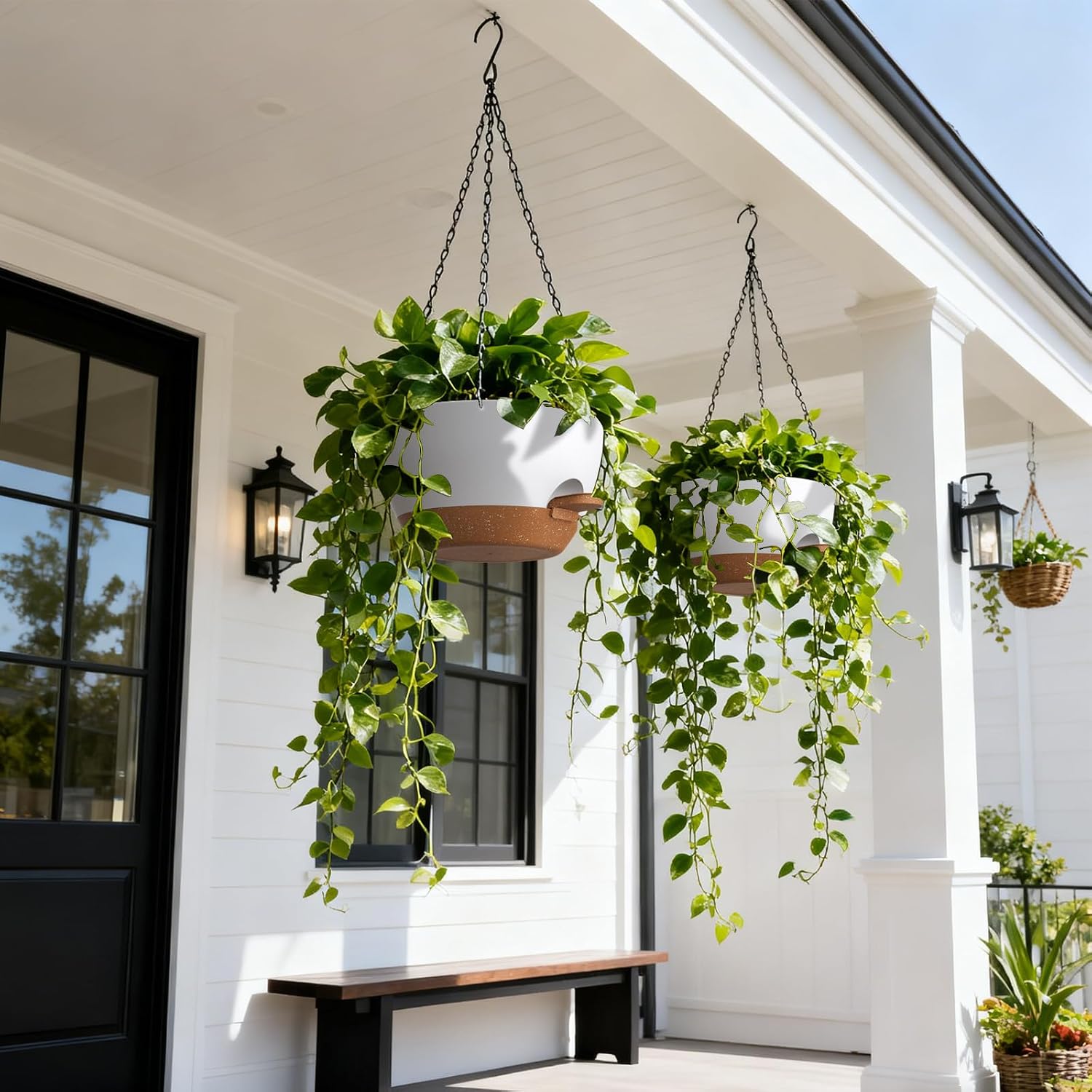 UOUZ 13 Inch 2 Pack Large Self Watering Hanging Planters for Indoor Outdoor Plants, Hanging Plant Pots with Removable 50 Oz Reservoir, Plastic Hanging Basket for Window Porch Garden, White with Brown