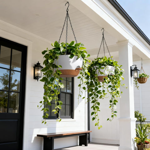 UOUZ 13 Inch 2 Pack Large Self Watering Hanging Planters for Indoor Outdoor Plants, Hanging Plant Pots with Removable 50 Oz Reservoir, Plastic Hanging Basket for Window Porch Garden, White with Brown
