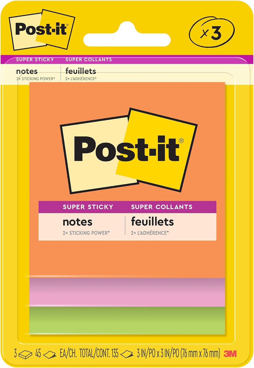Post-it Super Sticky Notes, 3 x 3 in, Neon Fizz, 3 Pads, 45 Sheets/Pad