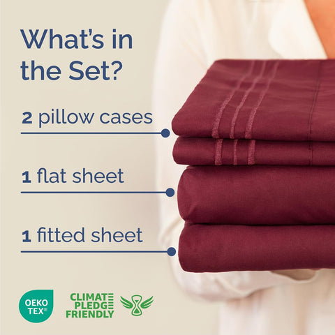 Queen Size 4 Piece Sheet Set - Comfy Breathable & Cooling Sheets - Burgundy