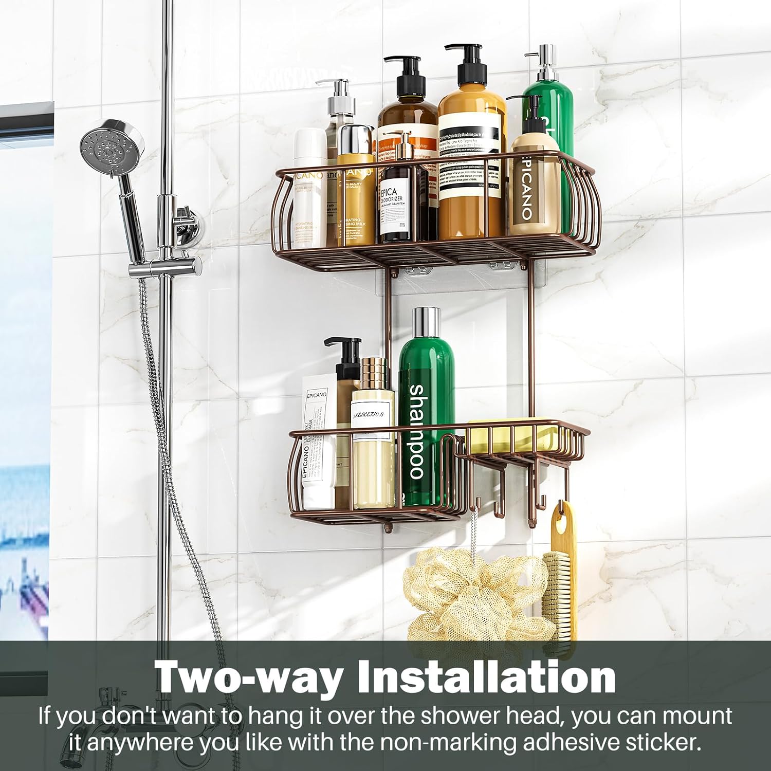 Epicano Shower Caddy Hanging Over Head, Bronze