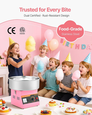 VEVOR Cotton Candy Machine Commercial, 1000W Electric Candy Floss Maker, Easy Use with 15 inch Stainless Steel Bowl and Sugar Scoop, Makes Hard Candy for Home Kids Birthday, Family Party, Pink