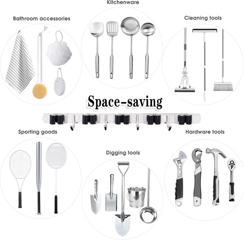2 Pack Broom Holder Wall Mount, 5 Racks 4 Hooks Mop and Broom Organizer