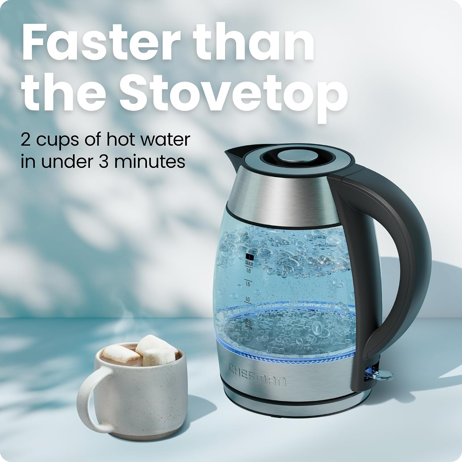 Chefman Electric Kettle 1500W, 1.8L Hot Water Boiler, Removable Lid for Easy Cleaning, LED Indicators, Auto Shutoff & Boil-Dry Protection, Borosilicate Glass Electric Tea Kettle – Stainless Steel