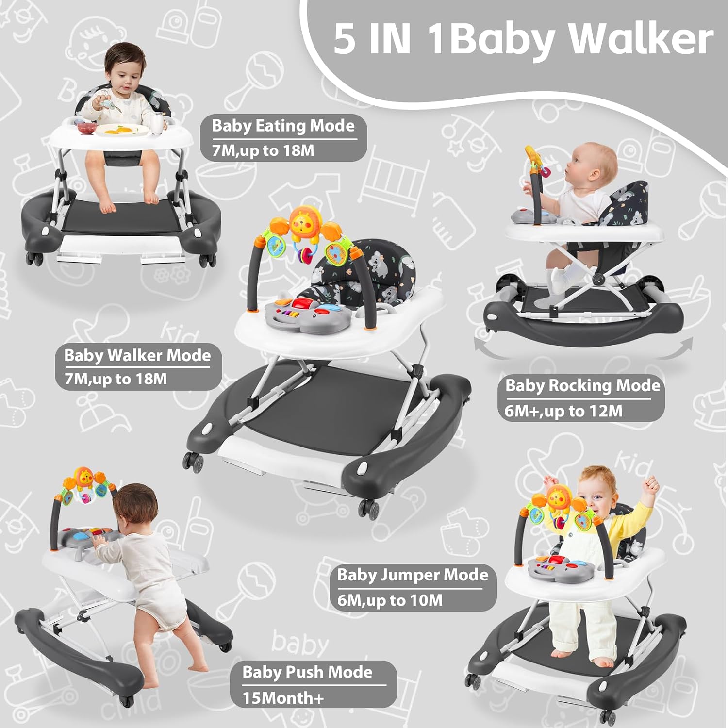 5 in 1 Foldable Baby Walker for Boys Girls Infant 6-12 Months