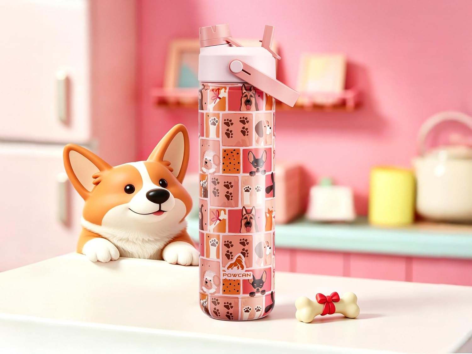POWCAN 26 oz Insulated Water Bottle with 2-in-1 Straw and Spout Lid, Keep Cold 24H, Leak-Proof, Fits in Car Cup Holder, Stainless Steel Water Bottle for Dog Lovers, Puppy Theme, Gift (Pawfect Day)