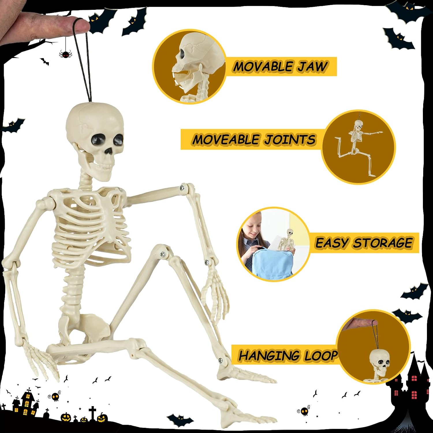 12 Packs Skeleton Halloween Decorations Outdoor with 16" Full Body Posable Joints Skeletons Decor, Halloween Party Decor Indoor, Yard Garden Lawn Graveyard Haunted House Props Spooky Party Decorations