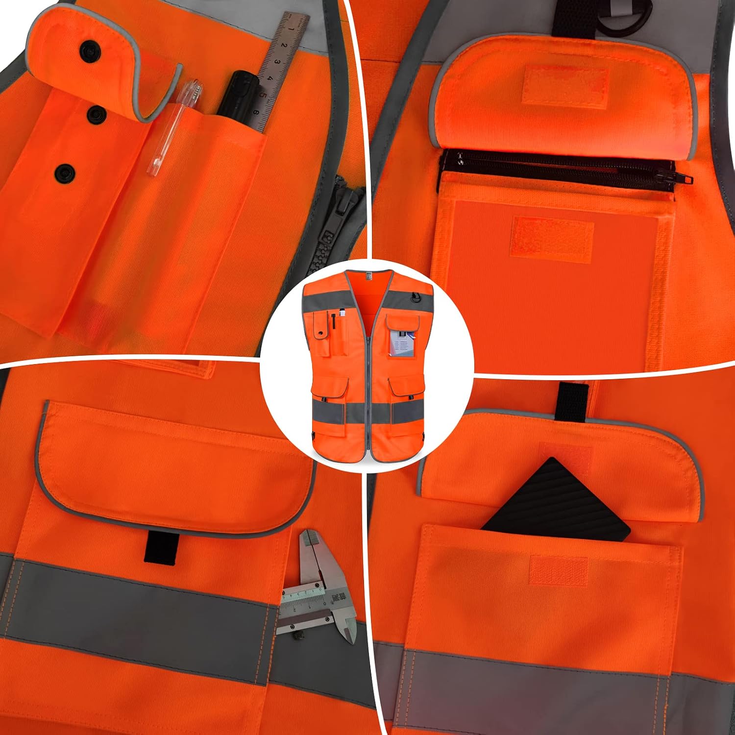 TCCFCCT Hi Vis Vest 9 Pockets High Visibility Safety Vest for Men, Orange M