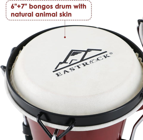 EASTROCK Bongo Drum 6” and 7” Bongos Set for Adults Beginners Professionals Tunable Wood and Metal Drum Percussion Instruments with Bag and Tuning Wrench（Red）