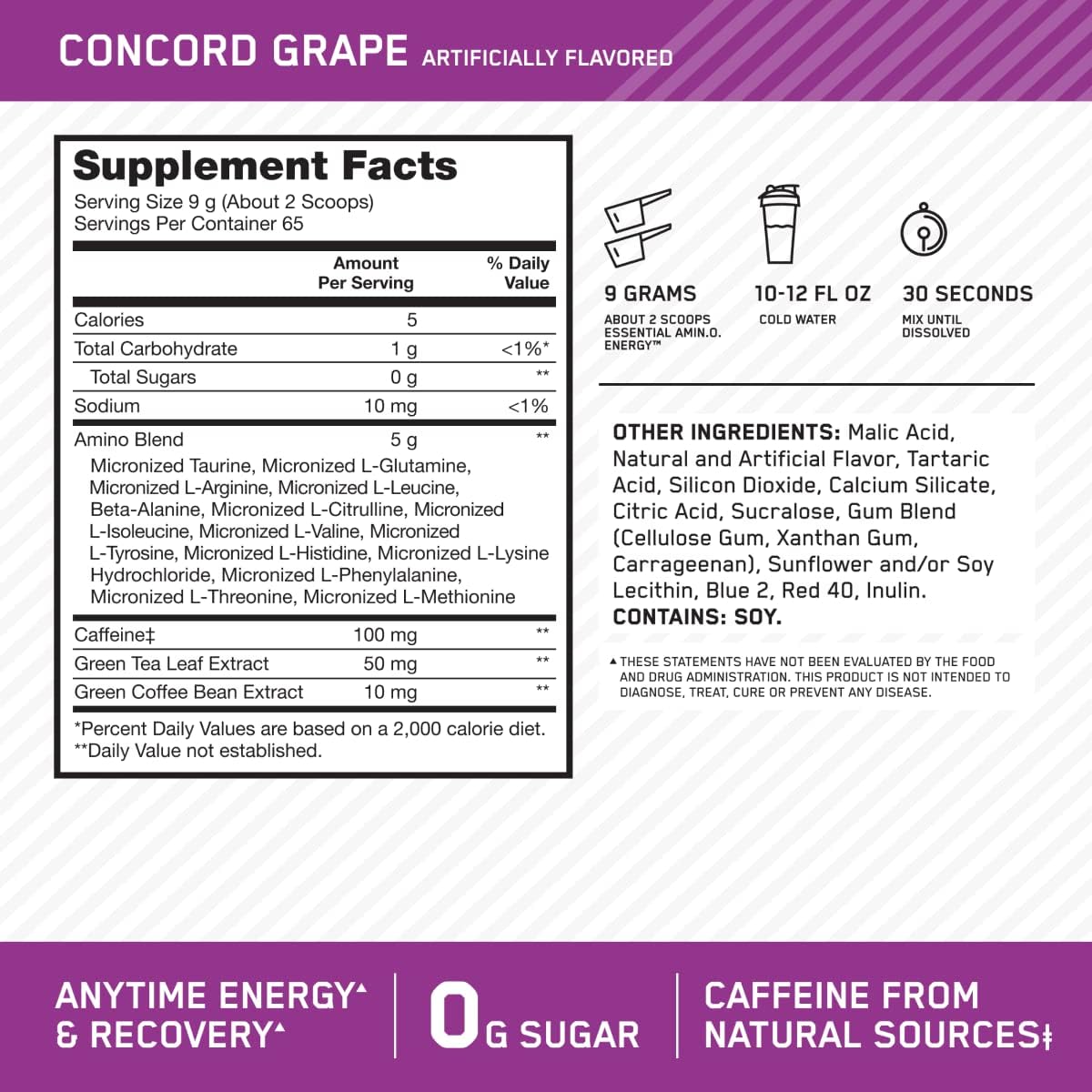 Optimum Nutrition Amino Energy Powder, Concord Grape, 1 LB