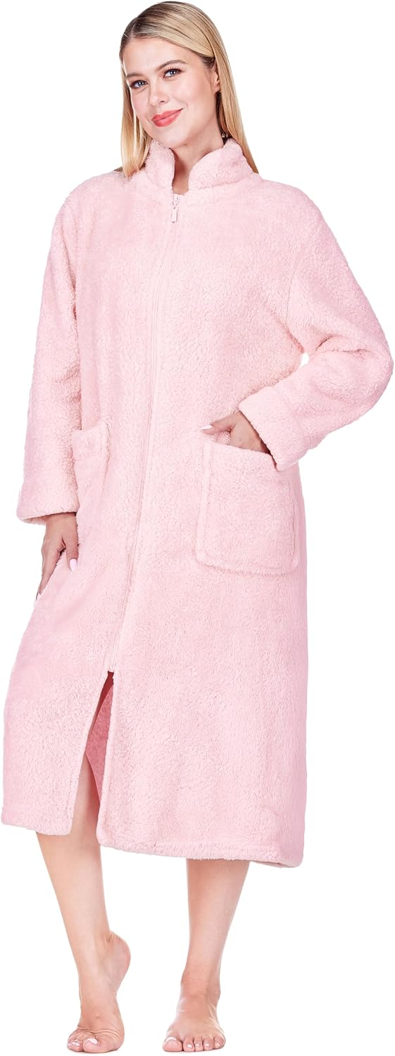 PAVILIA Womens Zip Up Robe with Pockets, Long Sherpa Housecoat Bathrobe