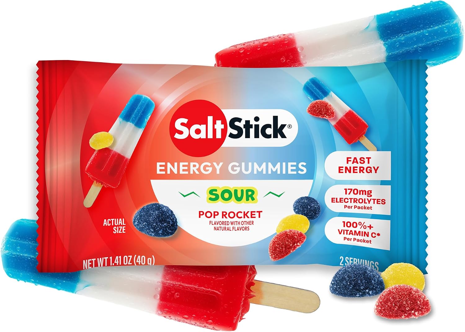 SaltStick Energy Chews Sour Pop Rocket Energy Gummies 10 Bags/ 20 Servings
