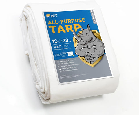 GUARD SHIELD Heavy Duty Tarp 12x20 Feet White Multi Purpose Thick Waterproof Poly Tarp Cover 10mil