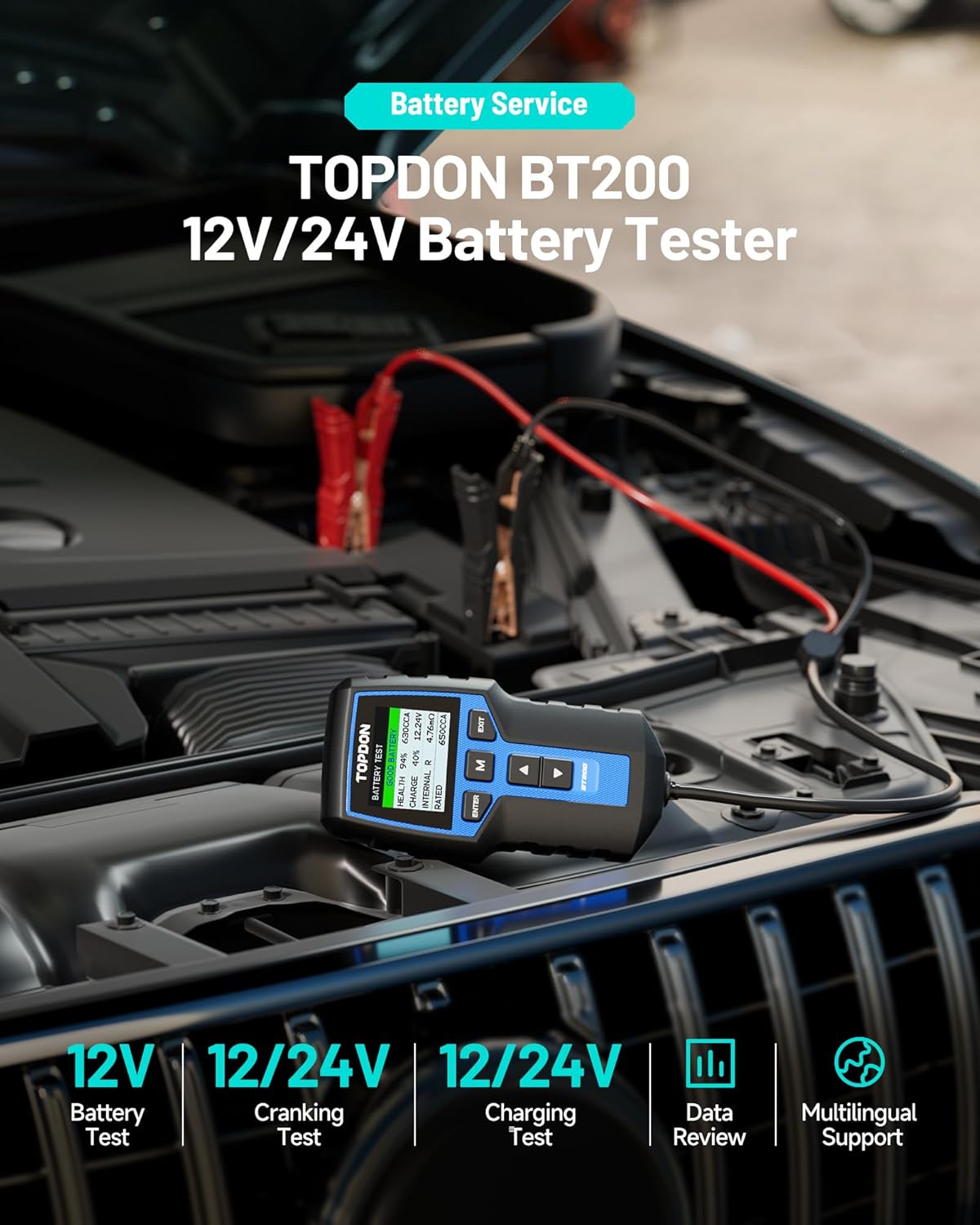 TOPDON BT200 Car Battery Tester, 12V/24V, 100-2000 CCA Load Tester