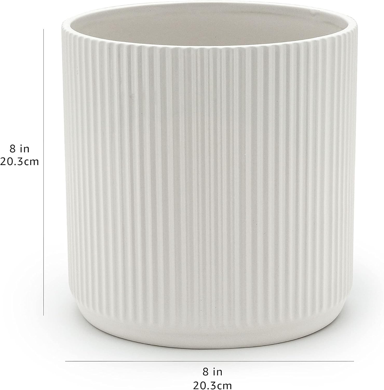Amazon Basics Fluted Ceramic Planter Pot for Indoor Outdoor Plants, Round Flower Pot with Drainage Hole, 8-inch, White